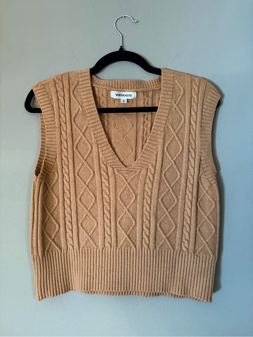 VIGOSS Tan Cable Knit Sweater Vest Diamond Pattern Preppy Y2K Small